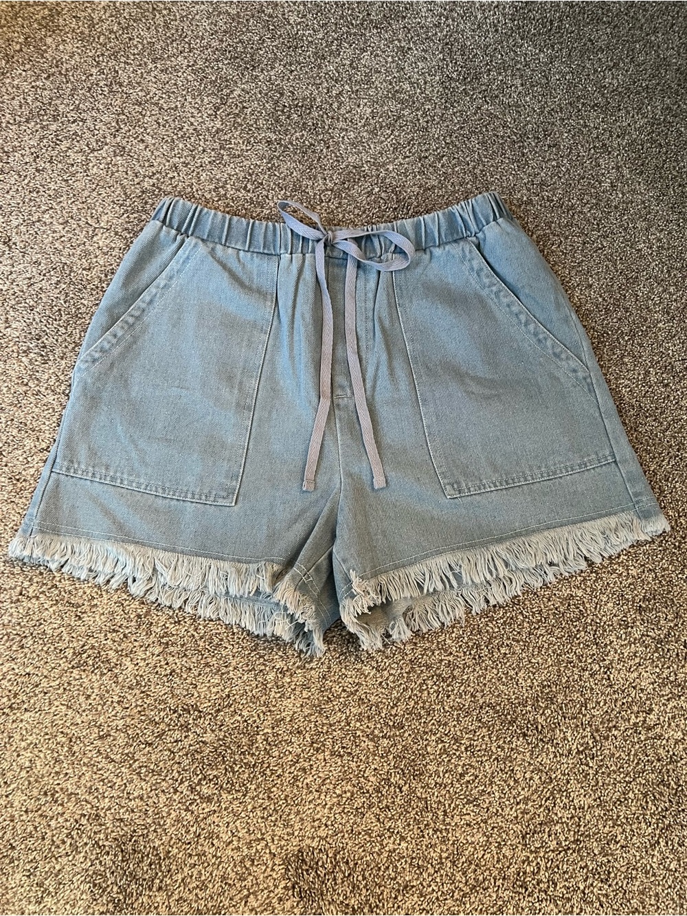 Cupshe Light Blue Denim Frayed Hem Drawstring Shorts